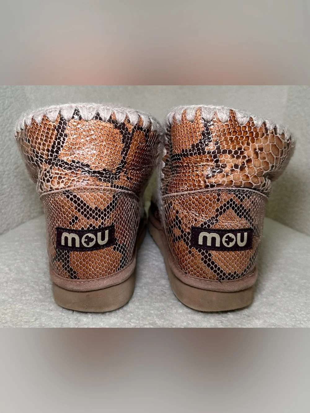MOU Eskimo 18 Snake Python Print Shearling Ankle Boots Tan Cream Brown Winter 9
